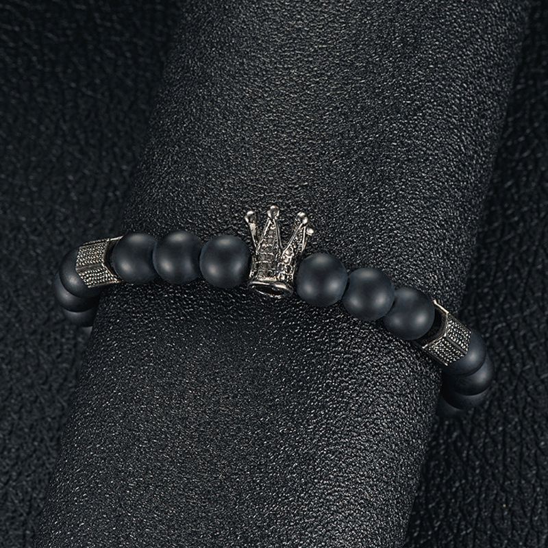 Vòng tay chuỗi hạt đá Onyx màu đen 8mm mặt hình vương miện thời trang cho nam và nữ