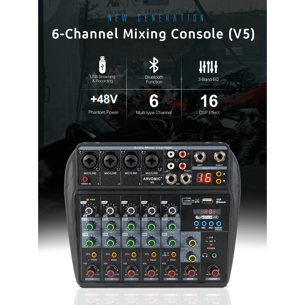 Bộ Thiết Bị Điều Hợp Âm Thanh 6 Kênh  Giao Diện USB& Bluetooth Có 16 DSP Echo 48V Phantom Và Phụ Kiện