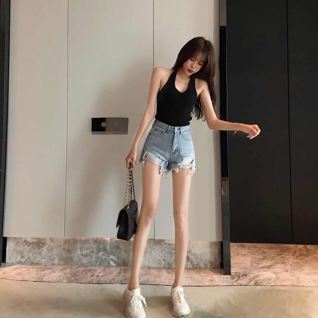 DUNEA Quần short denim rách lưng cao phong cách Hàn Quốc gợi cảm cho nữ