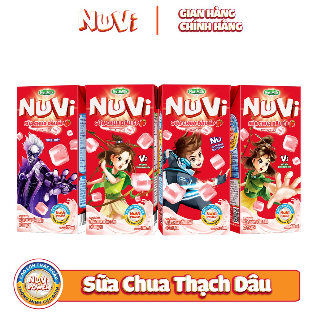 Thùng 48 hộp Nutifood NuVi Sữa chua uống Dâu có thạch hộp 170ml