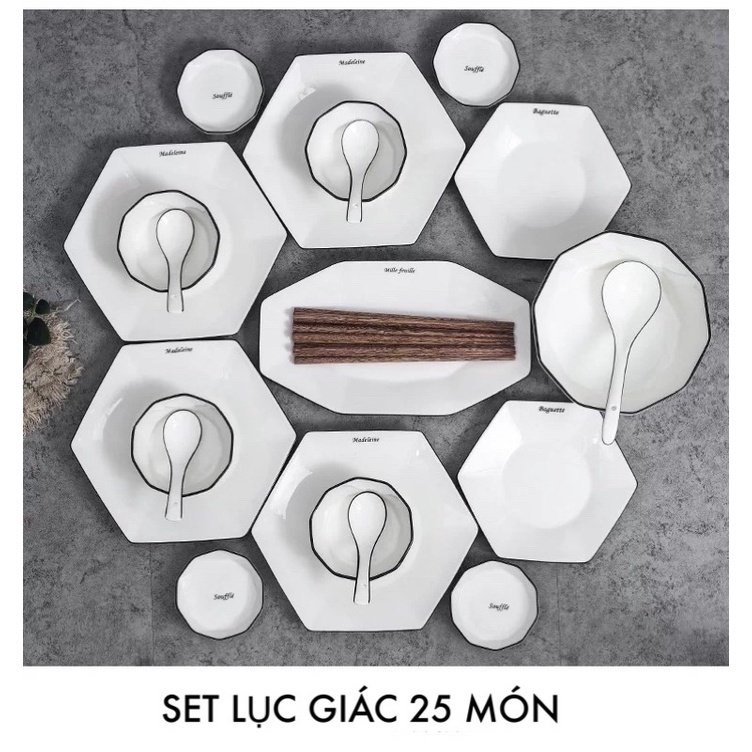 SET BÁT SỨ CAO CẤP HÌNH LỤC GIÁC PHONG CÁCH BẮC ÂU ( MÀU TRẮNG) ❇️ BỘ BÁT ĐĨA SỨ 35,32 MÓN SANG TRỌNG❇️