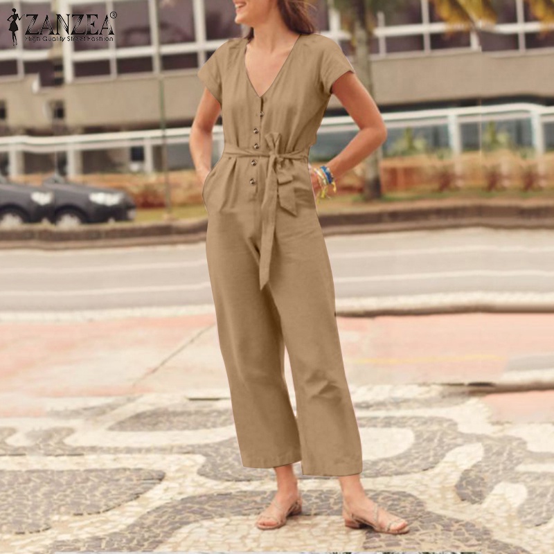 Zanzea Áo liền quần Ngắn Tay Cổ Chữ V Có Túi Phối Thắt Lưng Tháo Rời Được Phong Cách Châu Âu