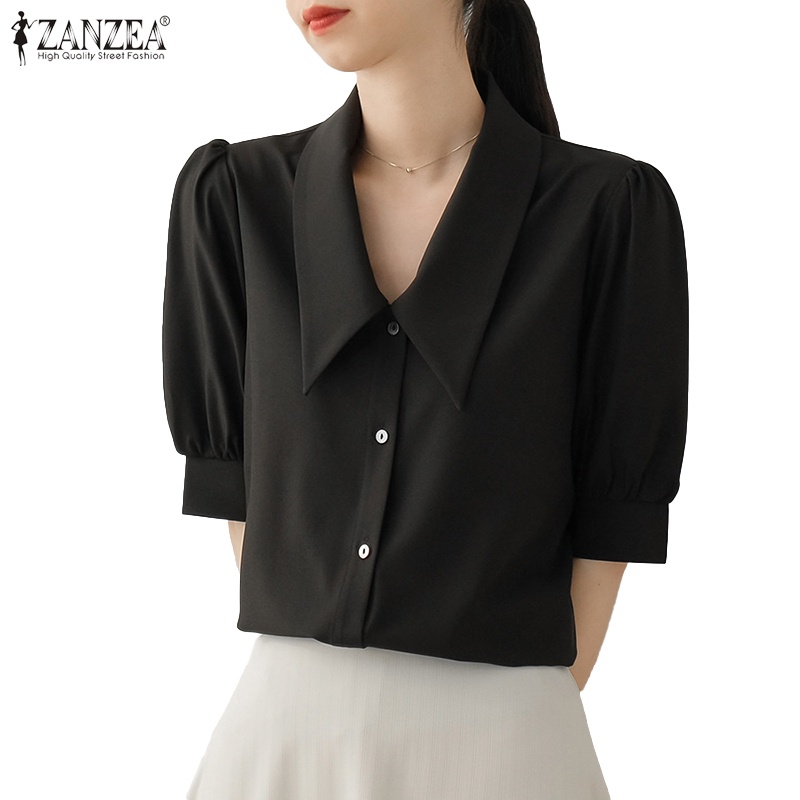 Áo sơ mi ZANZEA tay ngắn cổ bẻ cài nút thời trang Hàn Quốc cho nữ
