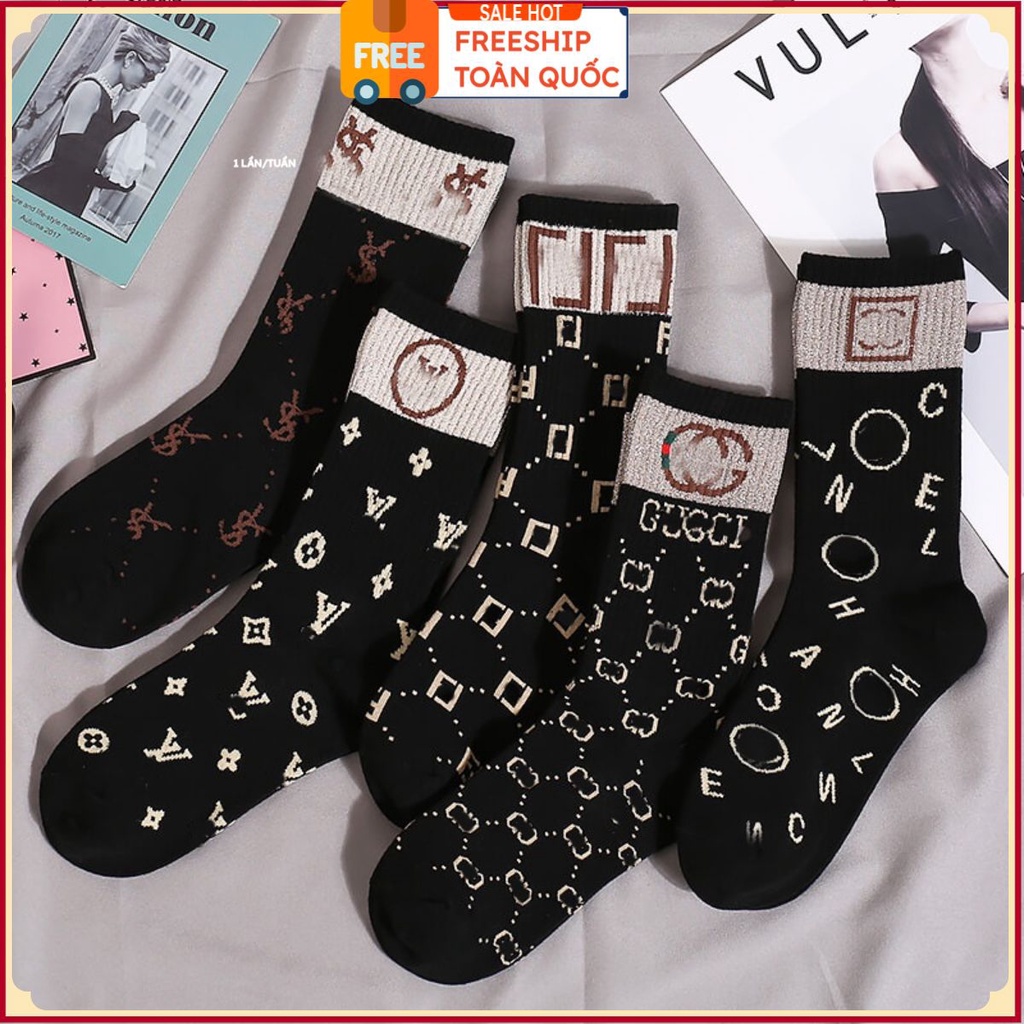 PVN35259 Set 5 đôi tất cổ cao có in logo thương hiệu thời trang cao cấp T2 .