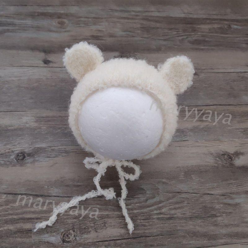 Mũ trùm đầu dệt kim hình tai gấu phụ kiện chụp hình cho bé
