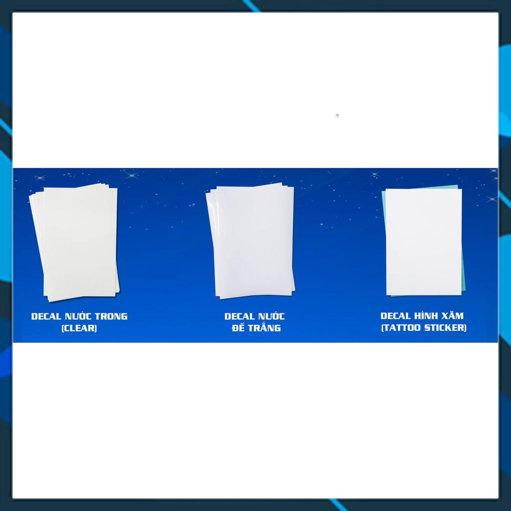 DECAL Trượt Nước Đế Trắng Dán Mọi Vật Liệu - dùng cho máy in phun - xấp 20 tờ khổ A4