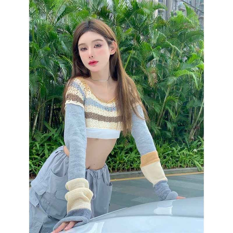 QKOOLE Áo croptop  dệt kim tay dài phong cách cổ điển Hàn Quốc cho nữ