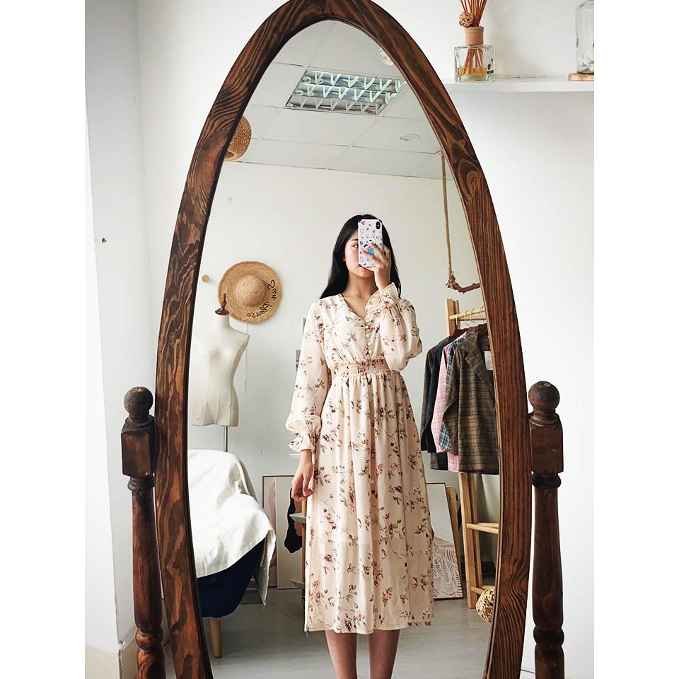 Đầm dáng dài cổ tim cúc ngọc ulzzang hoa nhí chun eo , Váy trắng be vintage tay dài kiểu maxi (video-ảnh thật) | BigBuy360 - bigbuy360.vn