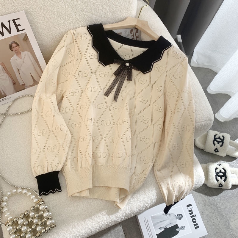 Áo Sweater Dệt Kim Cổ Búp Bê Đính Nơ Thời Trang Mùa Thu Cho Nữ