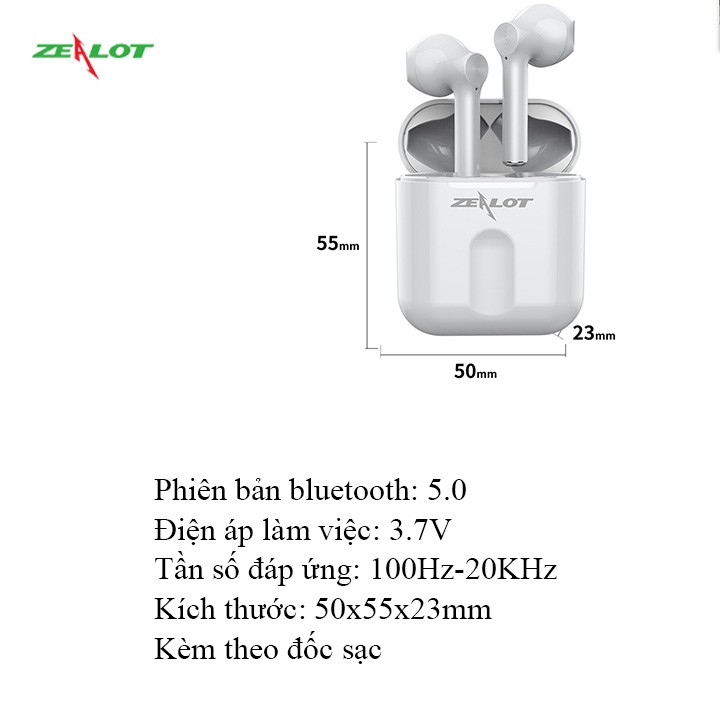 Tai nghe bluetooth Zealot T2 tai nghe nhét tai không dây bluetooth 5.0 âm thanh sắc nét sống động