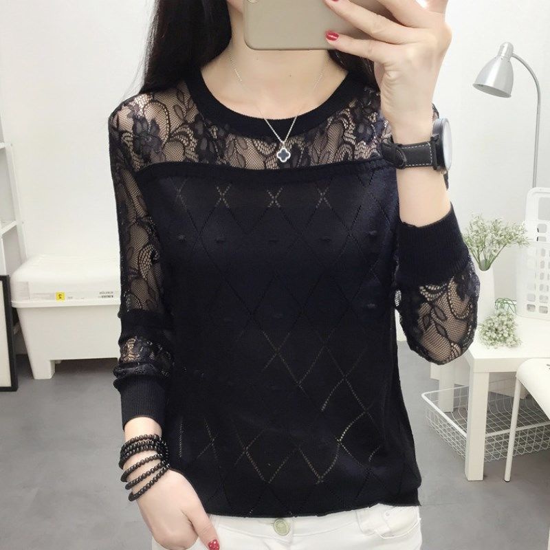 Áo Len Tay Dài Phối Ren Thời Trang Cho Nữ