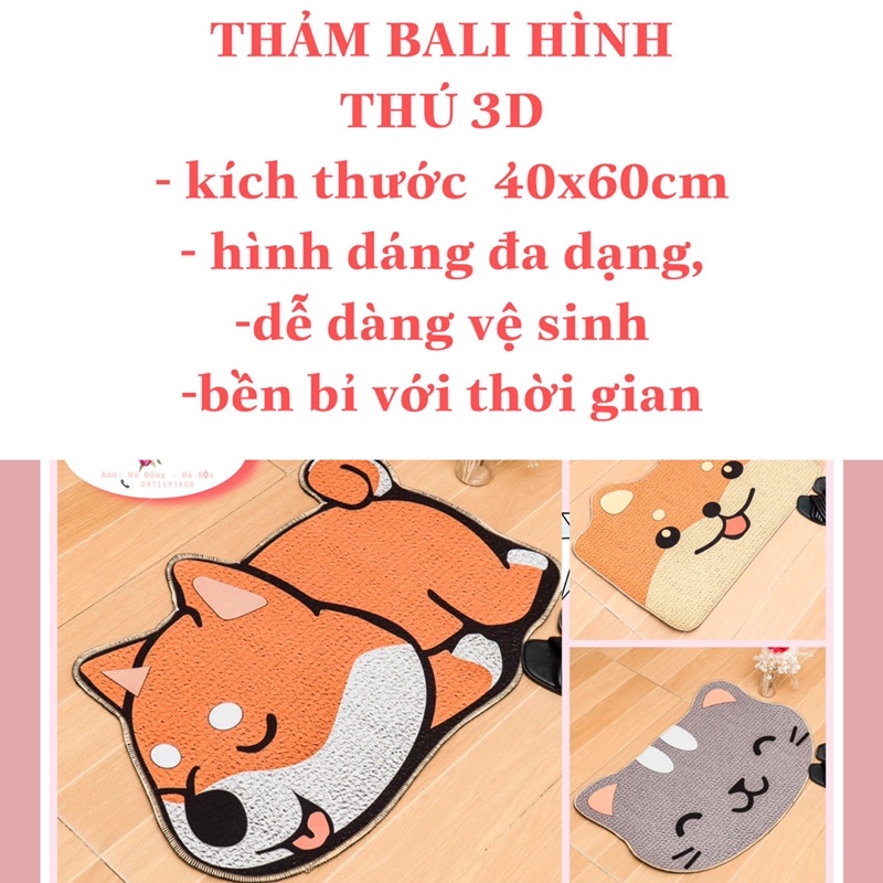 Thảm chùi chân bali hình thú 3D trang trí nhà cửa, mặt đế cao su chống trượt