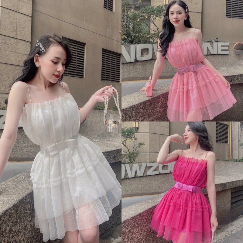 Đầm váy lưới ngắn xoè tầng 2 dây cúp ngực dáng sò - thời trang đi chơi dự tiệc tiểu thư dễ thương trắng hồng nhạt/đậm