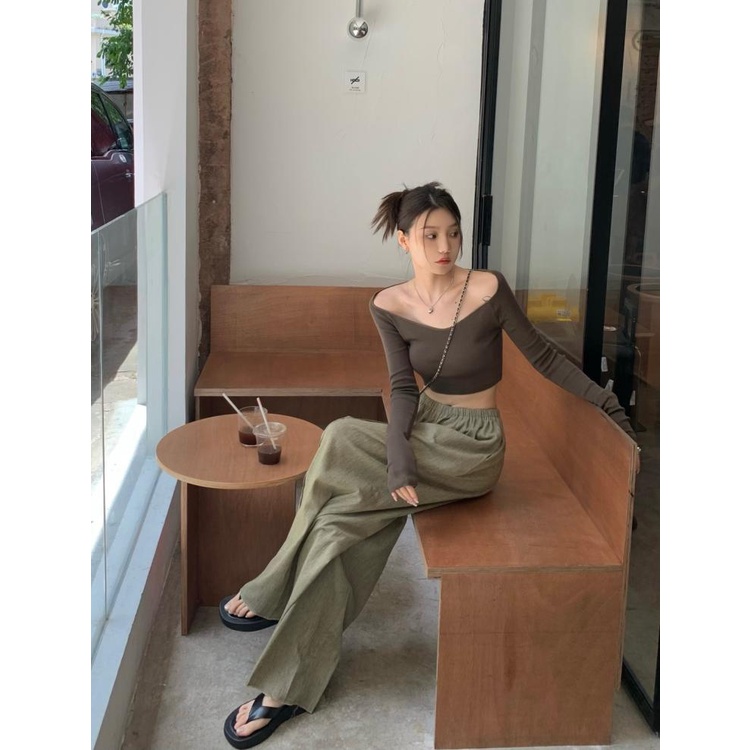 Kumikumi Bộ Áo Thun Dài Tay Dáng Ôm + Quần Dài Ống Rộng Chống Nắng Thời Trang Mùa Hè Phong Cách Hàn Quốc Cho Nữ