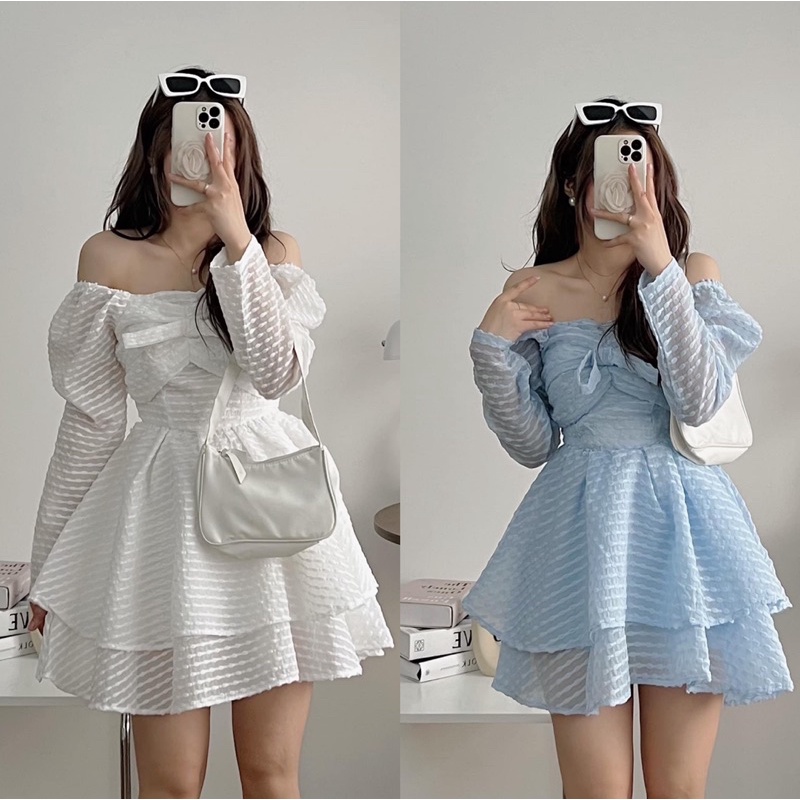 Váy voan dài tay đính nơ ngực 2 tầng bồng bềnh tiểu thư