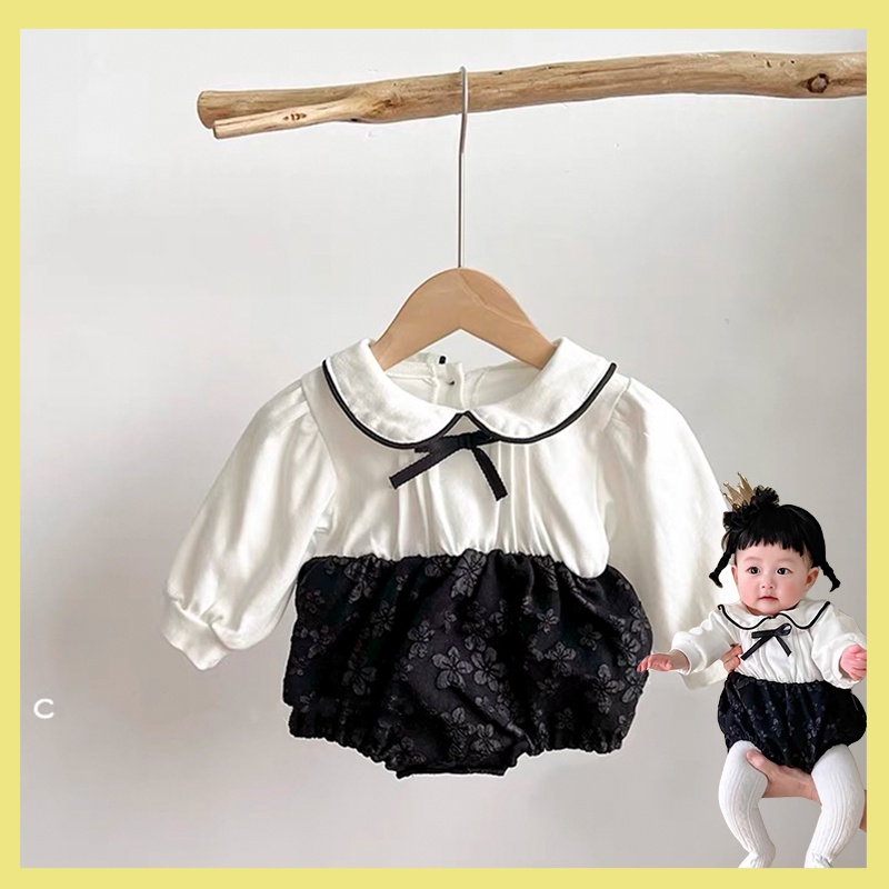 Bộ Áo Liền Quần Tay Dài Cổ Thắt Nơ Vải Cotton Phong Cách Anh Quốc Dễ Thương Cho Bé