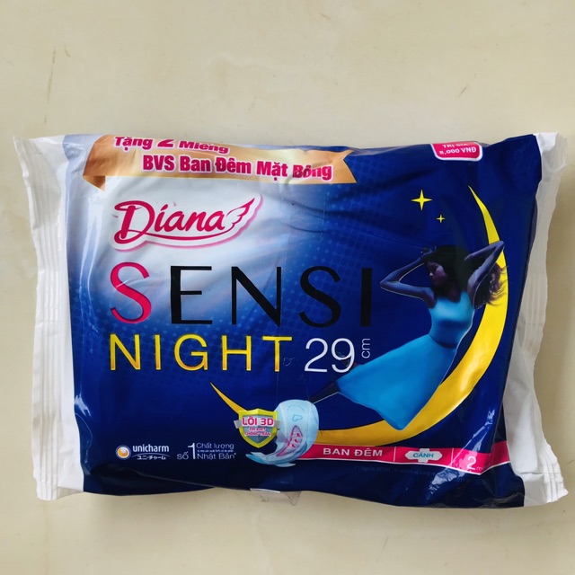 Gói 2 miếng băng vệ sinh Diana Sensi ban đêm 29cm