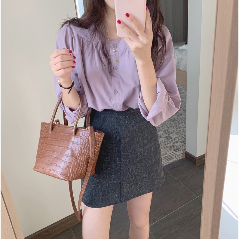Áo Sơ Mi Tay Dài Cổ Tròn Phong Cách Hàn Quốc Thanh Lịch Dành Cho Nữ