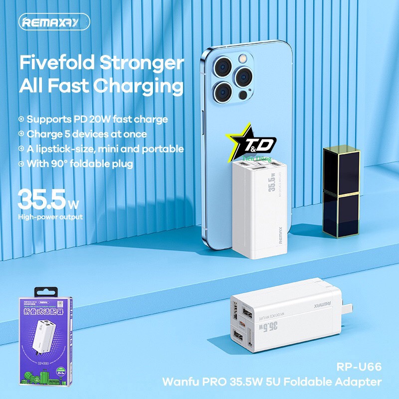 Củ Sạc Nhanh Điện Thoại 35w Chính Hãng Remax RP U66 Thiết Kế 5 Cổng 4 Cổng USB Và 1 Cổng Type-C Chuẩn PD 20w