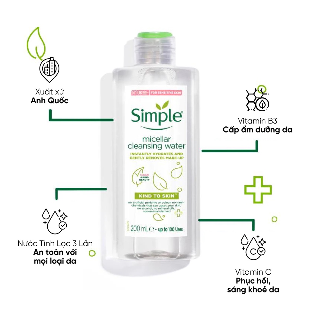 Nước tẩy trang Simple Micellar 30Shine phân phối chính hãng 200ml làm sạch vượt trội không chứa cồn gây khô rát