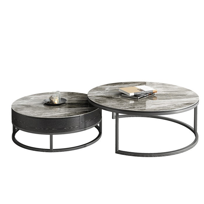 Bàn trà đôi 2 trong 1 thông minh mặt đá khung đen có ngăn kéo để đồ - Bàn sofa phòng khách màu xám decor nhà đẹp