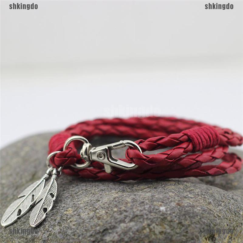 Vòng đeo tay da PU trang trí mặt lông vũ thời trang cho nam