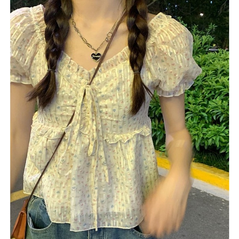 Áo Kiểu Trễ Vai Tay Phồng In Họa Tiết Hoa Thời Trang Cho Nữ