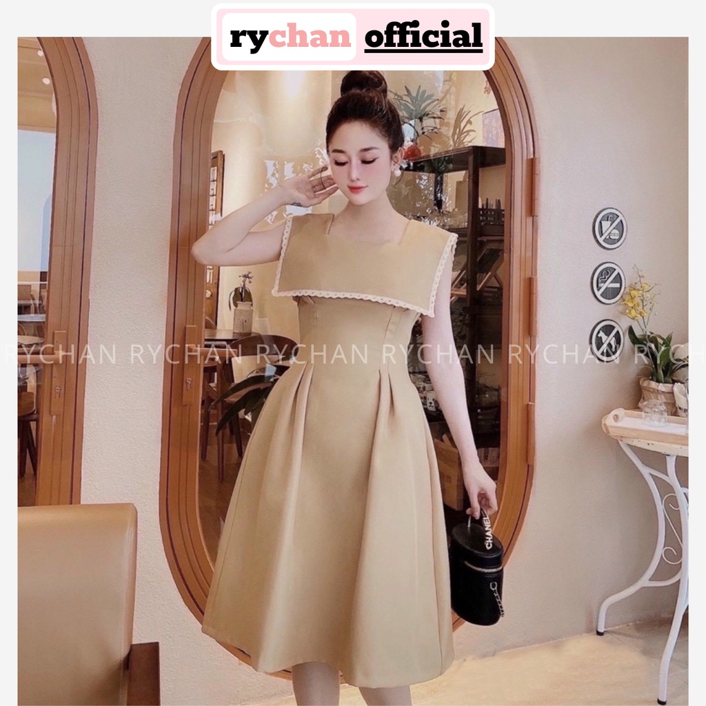 Đầm Đi Tiệc Trà Cổ Trong Phối Viền Vuông Trắng Bo Eo Than Lịch Sang Trọng Màu Kem[ẢNH THẬT CUỐI] - DX9879