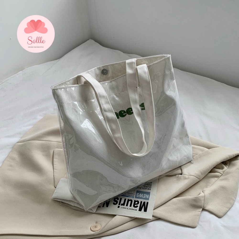 Túi tote vải canvas đeo vai bóng kính chống nước có cúc bấm ulzzang Hàn quốc Sollle