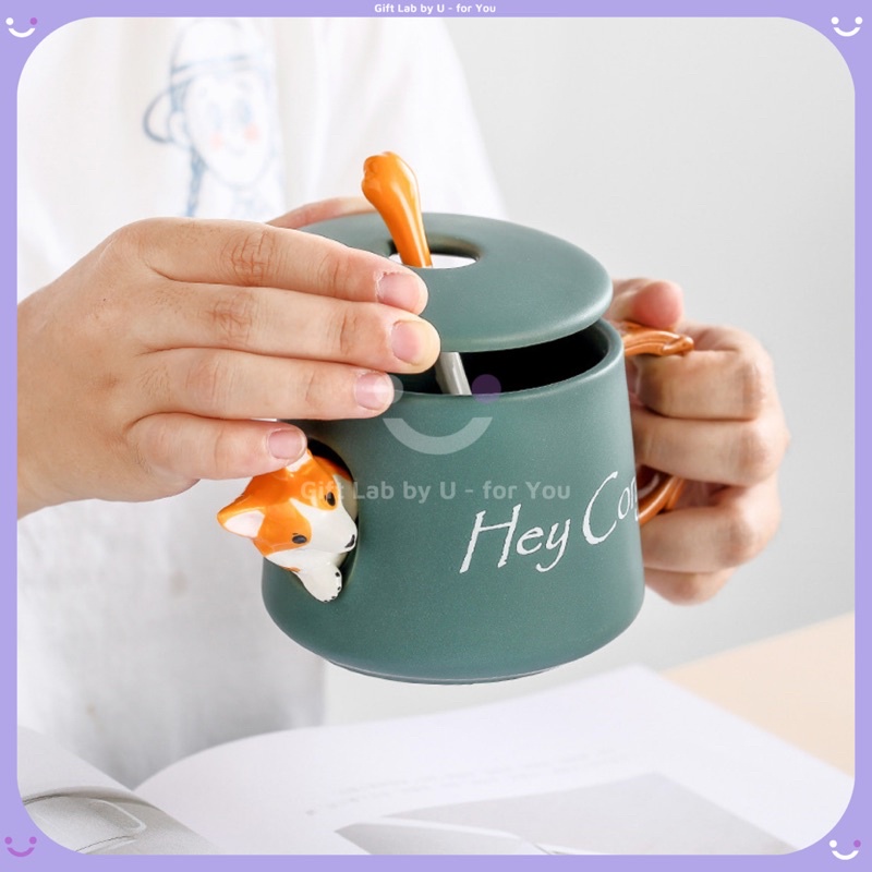 Cốc gốm sứ cao cấp hình cún Corgi siêu đáng yêu kèm nắp thìa(48)