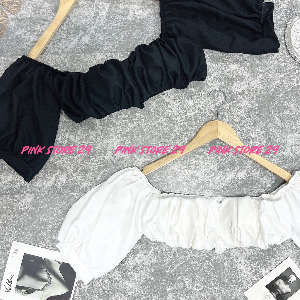 Áo trễ vai croptop tay phồng PINKSTORE29, phong cách tiểu thư NGÂY NGÔ A5356