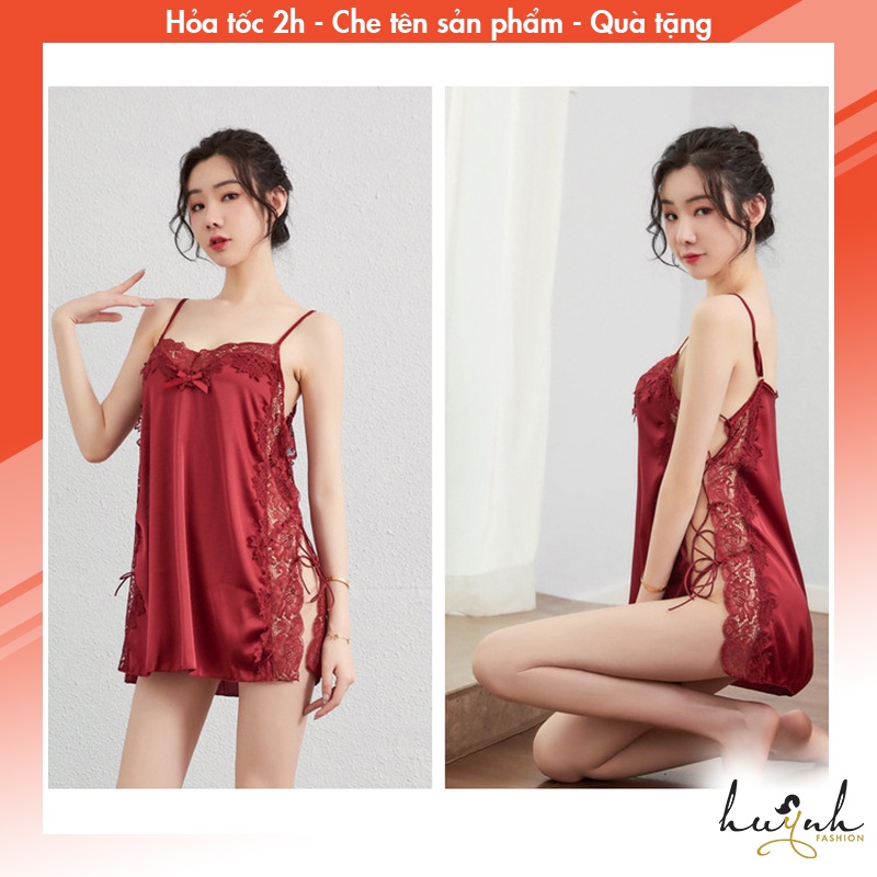 Đầm ngủ hai dây lụa phối ren xẻ tà dây đan hông sexy - N53