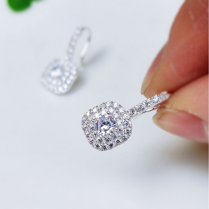 Bông tai bạc Bồng mặt vuông nạm đá sang chảnh Van Jewelry V10745