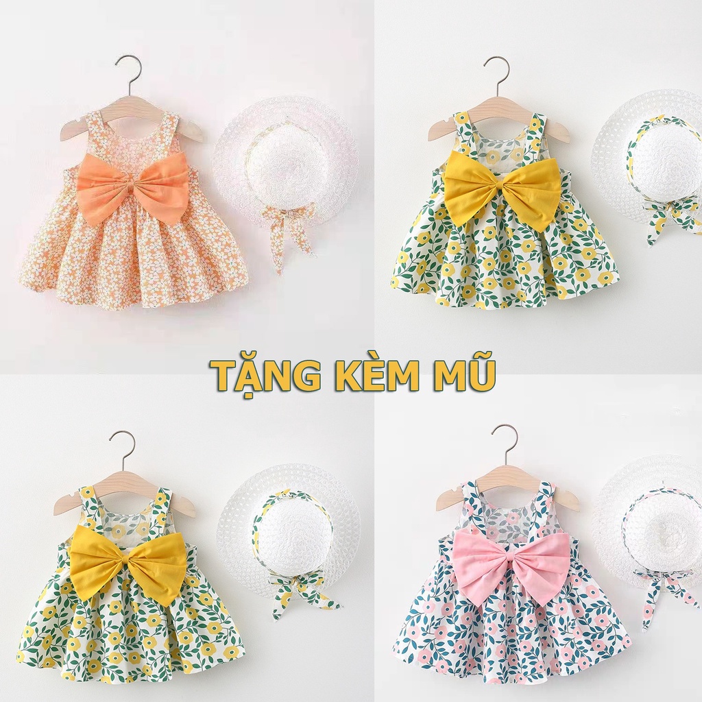Váy bé gái liền hai dây thắt nơ họa tiết hoa cúc phong cách hàn quốc tặng kèm mũ