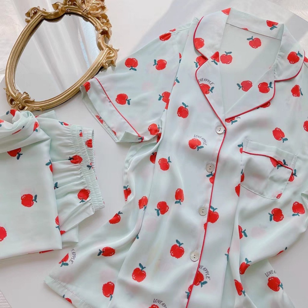 Bộ đồ ngủ mặc nhà red apple pijama lụa satin cao cấp chất mát hot trend hè 2021 | BigBuy360 - bigbuy360.vn