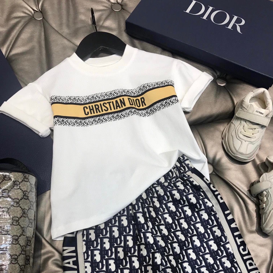 Dior Bộ Áo Thun Cotton Ngắn Tay In Chữ + Quần Short Thời Trang Cho Bé