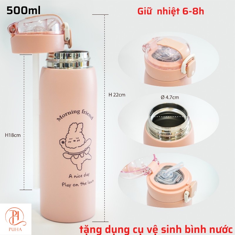 Bình giữ nhiệt PUHA chất liệu inox 304 giữ nóng lạnh, bình nước có ống hút dung tích 500ml