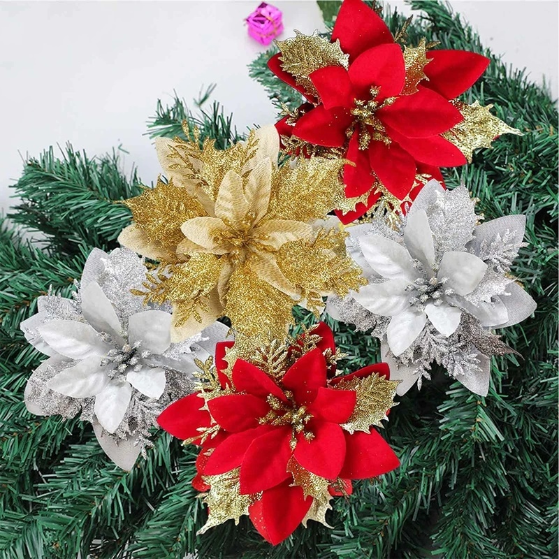 Bộ 5 Bông Hoa Đầu To 14cm Lấp Lánh Trang Trí Cây Thông Giáng Sinh / Năm Mới DIY