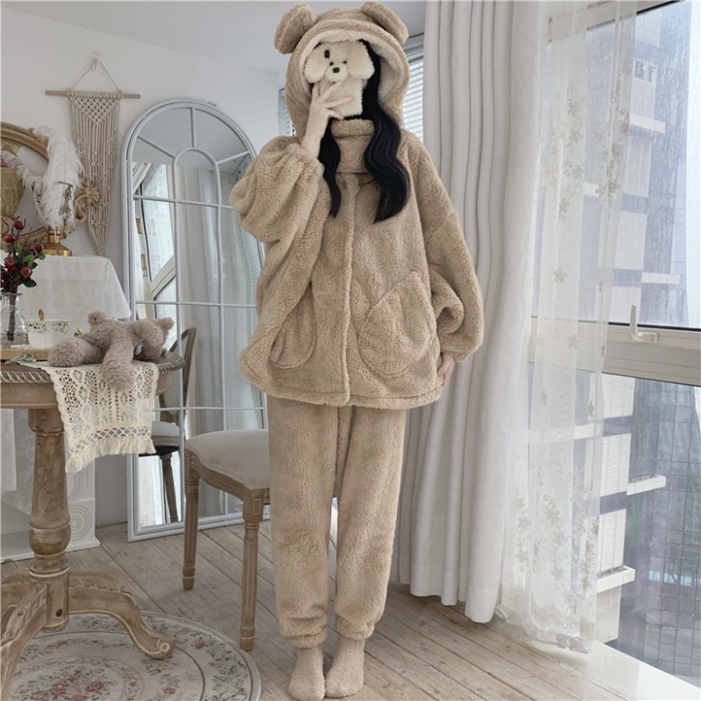 Bộ đồ ngủ mùa đông lông cừu giữ nhiệt tốt, nhung bông mềm mịn cho nữ siêu ấm, bộ mặc nhà nữ dày dặn có vòng cổ - Tjt Còi | BigBuy360 - bigbuy360.vn