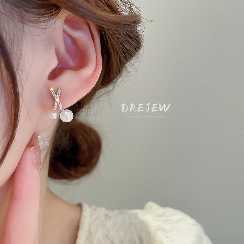 DREJEW Khuyên tai bạc đính đá kim cương và ngọc trai giả phong cách cổ điển dễ phối đồ