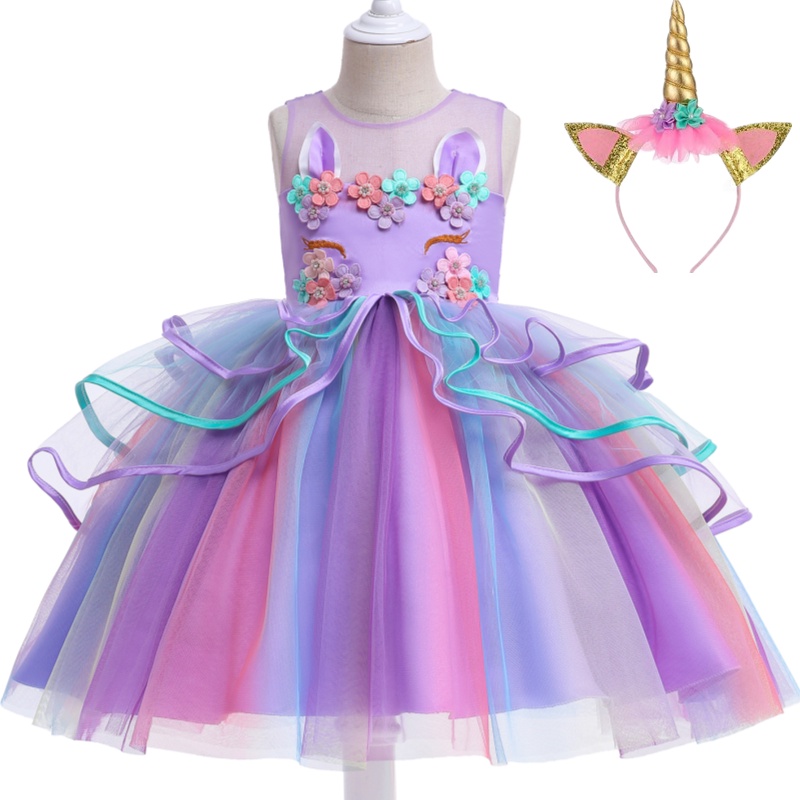 Đầm xòe nhiều lớp họa tiết kỳ lân màu cầu vồng đáng yêu cho bé gái