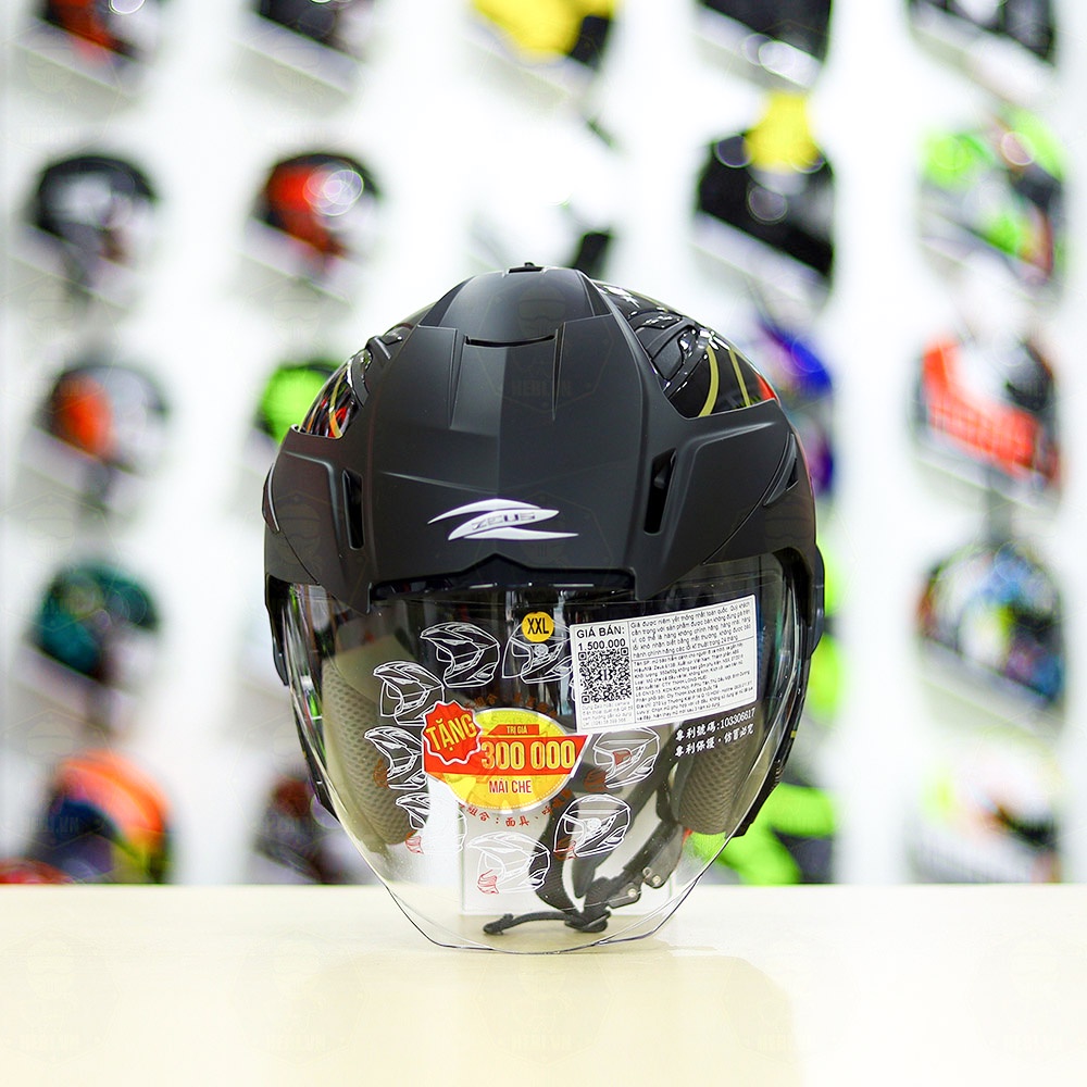 Mũ 3/4 2 Kính Zeus 613B Samurai Đen Đỏ Tặng Kèm Mái Che Có Thể Tháo Rời