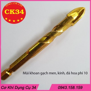 Mũi khoan kính, thủy tinh, gạch men, gạch đá hoa chuôi lục giác phi 10 xoắn vàng