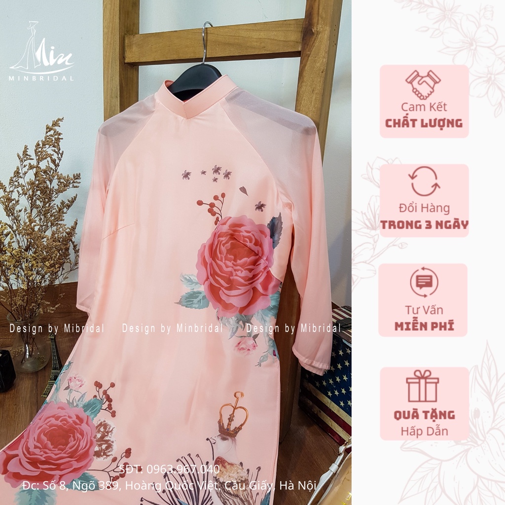 Áo dài các tân dáng xuông 4 tà chất liệu voan tơ óng in hoa văn, màu vàng | BigBuy360 - bigbuy360.vn