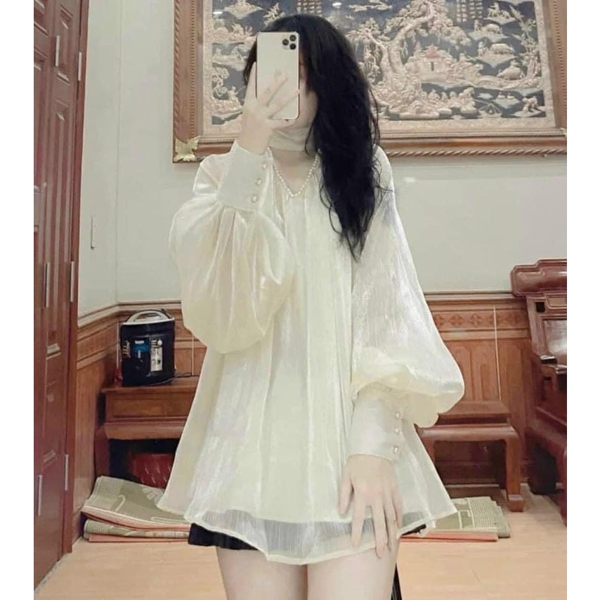 Áo sơ mi tiểu thư cổ v đính ngọc 2 lớp áo sơ mi bánh bèo xinh xắn LD100