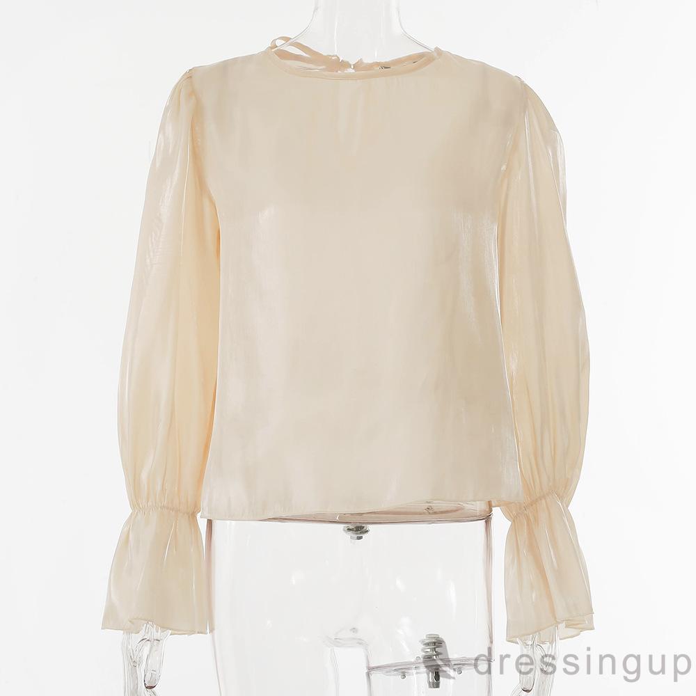 Áo Tay Phồng Cổ Tròn Màu Trơn Thời Trang Mùa Thu Cho Nữ