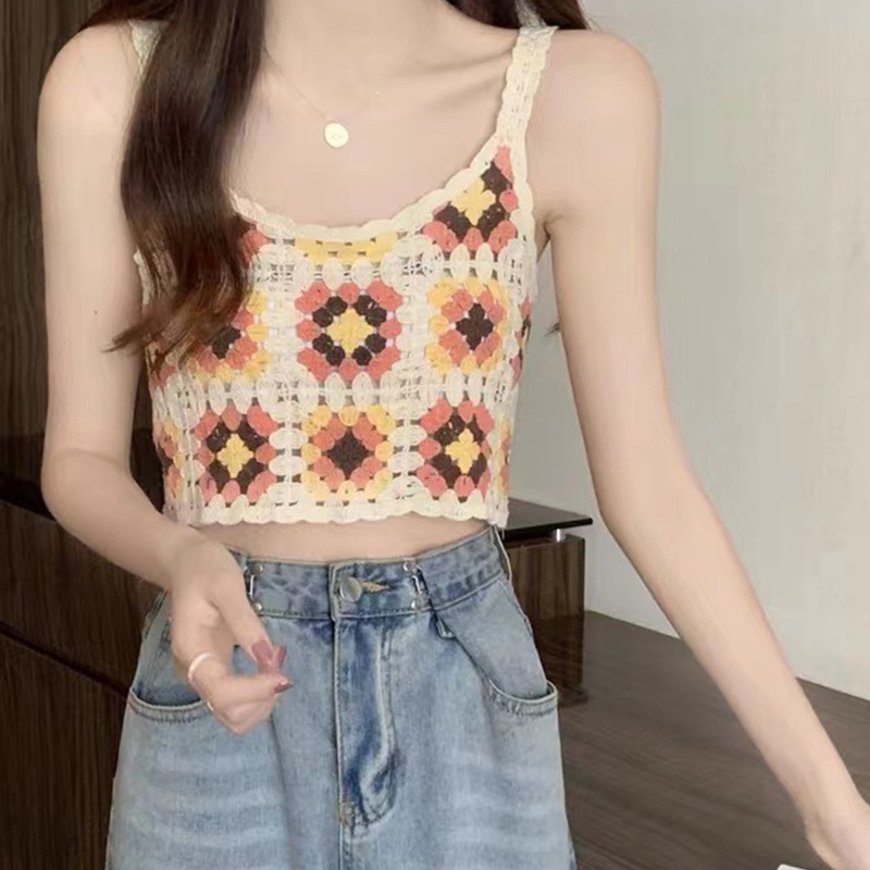 Áo Croptop Dệt Kim Không Tay Thiết Kế Rỗng Nhiều Màu Sắc Phong Cách Retro Dành Cho Nữ