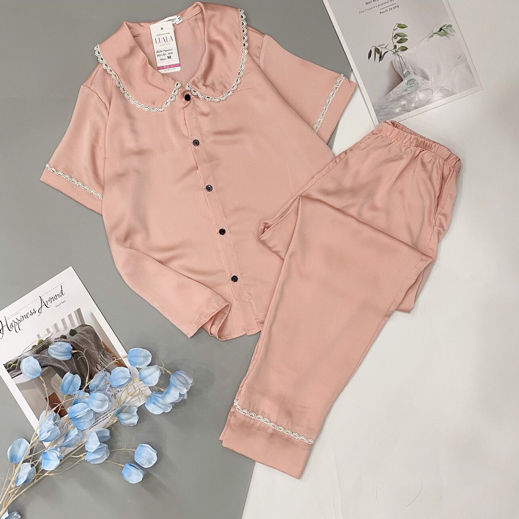 (Size M,L,XL) Set bộ lụa satin trơn và họa tiêt chấm bi, trái tim.