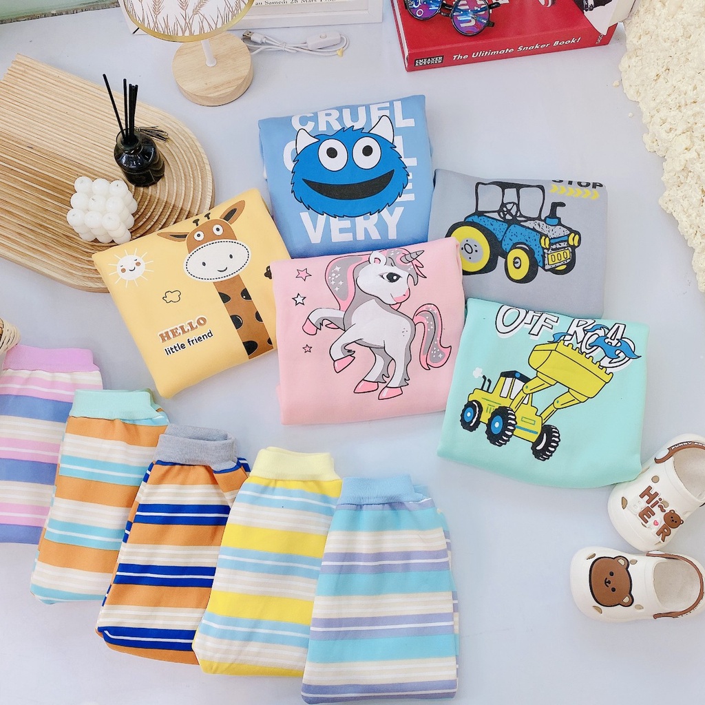 Bộ nỉ bông  cánh tay kẻ  - Bộ  nỉ lót lông  thu đông dầy dặn siêu ấm in họa tiết ngựa hồng cho bé (BD8)