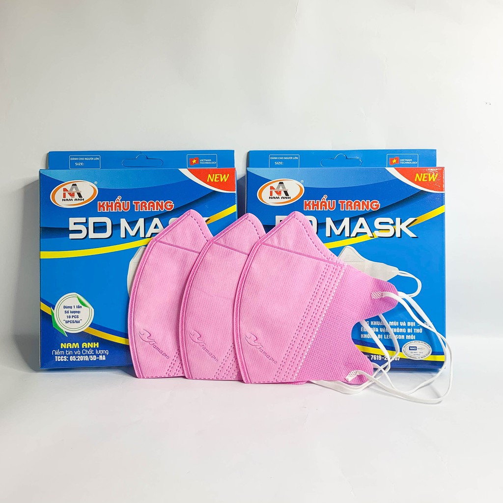 Khẩu trang 5D MASK NAM ANH, khẩu trang y tế màu hồng, hộp 10 chiếc, dày 3 lớp , quai thun# qmc